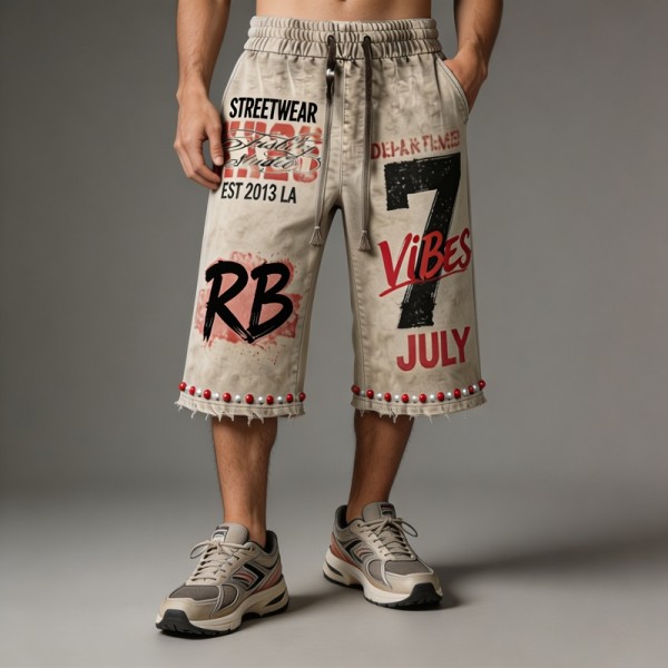Screen DTG Print Beaded Washed Spray Dye Flared Capri Pants | Raw Edge Daily Hip Hop Outfit | Custom Streetwear