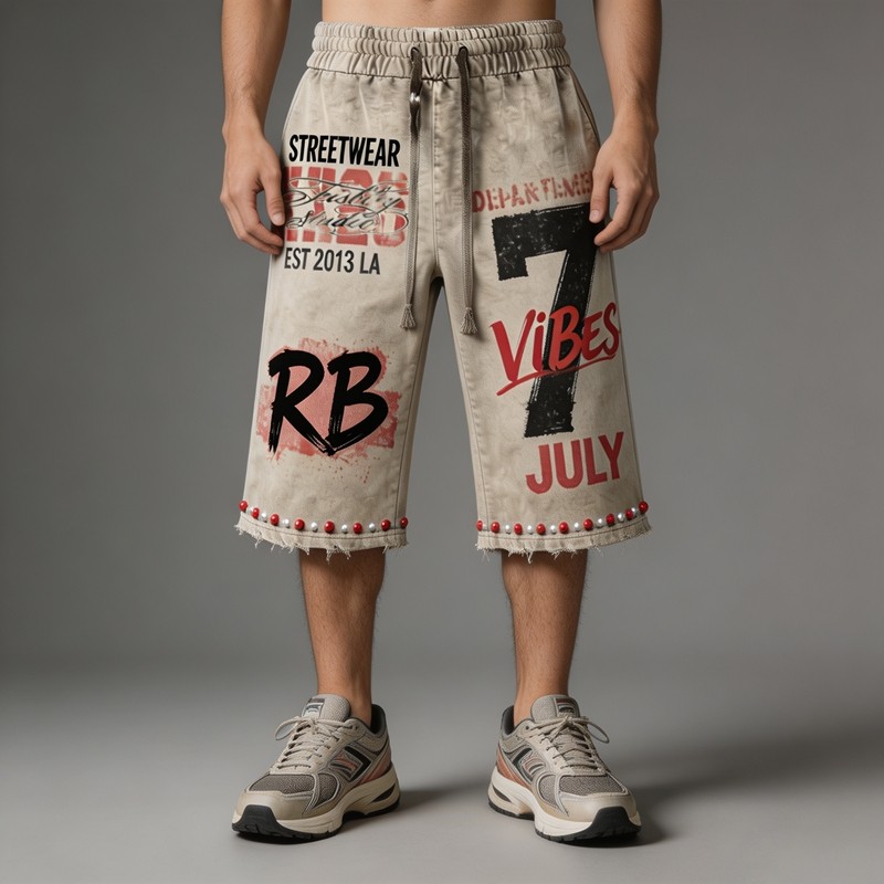 Screen DTG Print Beaded Washed Spray Dye Flared Capri Pants