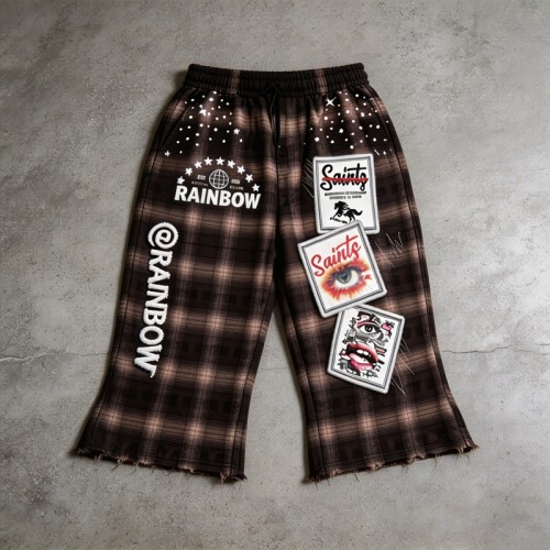 Embroidery Screen Print Applique Raw Edge Flare Cropped Capri Pants | Plaid Drawstring Waist | Streetwear Manufacturer