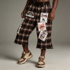 Embroidery Screen Print Applique Raw Edge Flare Cropped Capri Pants | Plaid Drawstring Waist | Streetwear Manufacturer