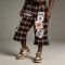 Embroidery Screen Print Applique Raw Edge Flare Cropped Capri Pants | Plaid Drawstring Waist | Streetwear Manufacturer