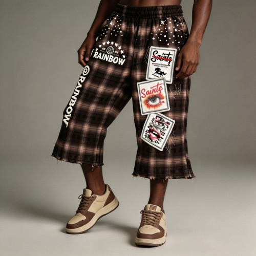 Embroidery Screen Print Applique Raw Edge Flare Cropped Capri Pants | Plaid Drawstring Waist | Streetwear Manufacturer