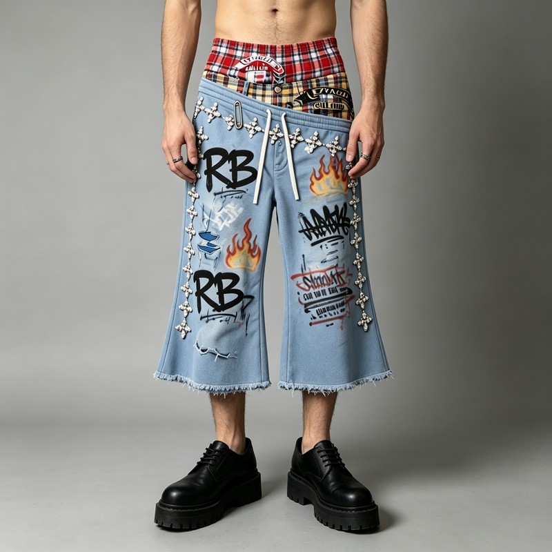 Rhinestone DTG Print Raw Edge Flared Crapri Pants
