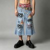 Rhinestone DTG Print Raw Edge Flared Crapri Pants | Drawstring Waist Hip Hop Daily Streetwear | Custom Streetwear
