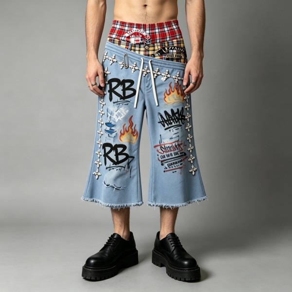 Rhinestone DTG Print Raw Edge Flared Crapri Pants | Drawstring Waist Hip Hop Daily Streetwear | Custom Streetwear