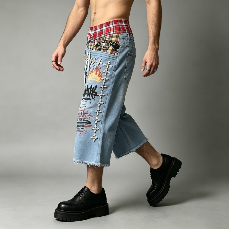 Rhinestone DTG Print Raw Edge Flared Crapri Pants