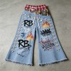 Rhinestone DTG Print Raw Edge Flared Crapri Pants | Drawstring Waist Hip Hop Daily Streetwear | Custom Streetwear