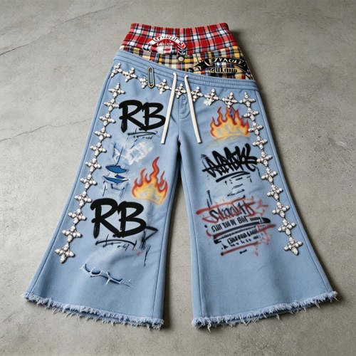 Rhinestone DTG Print Raw Edge Flared Crapri Pants | Drawstring Waist Hip Hop Daily Streetwear | Custom Streetwear