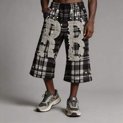 Rhinestone Applique Flare Cropped Capri Pants | Plaid Fabric Elastic Waist | OEM Streetwear