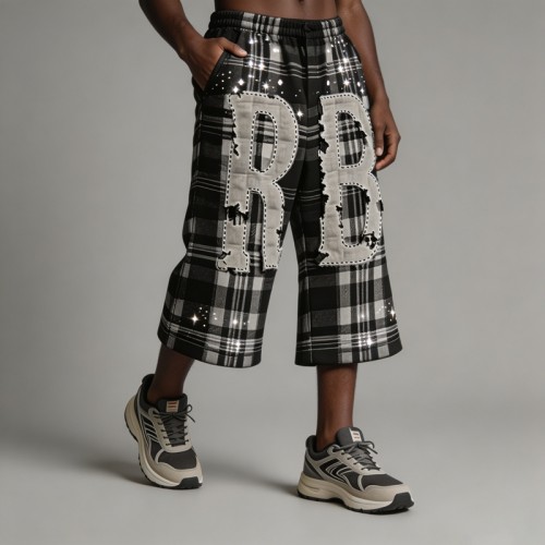 Rhinestone Applique Flare Cropped Capri Pants | Plaid Fabric Elastic Waist | OEM Streetwear