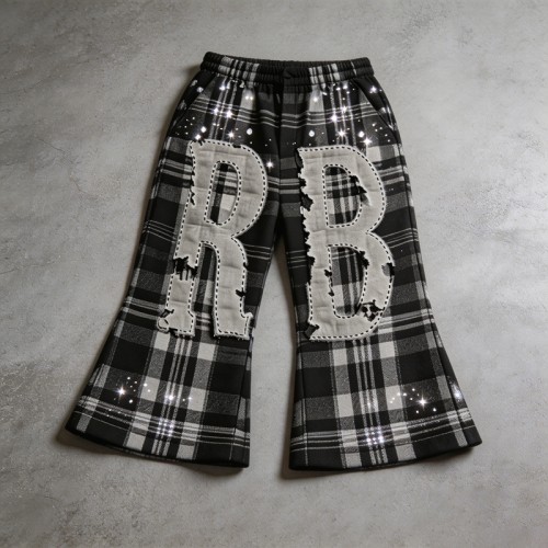 Rhinestone Applique Flare Cropped Capri Pants | Plaid Fabric Elastic Waist | OEM Streetwear
