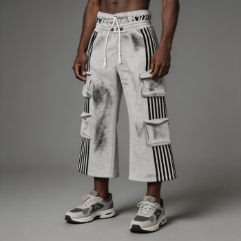 Spray Dye Flare Cargo Capri Pants | Side Stripe Multi Pockets Elastic Drawstring Waist | Clothing Manufacturer