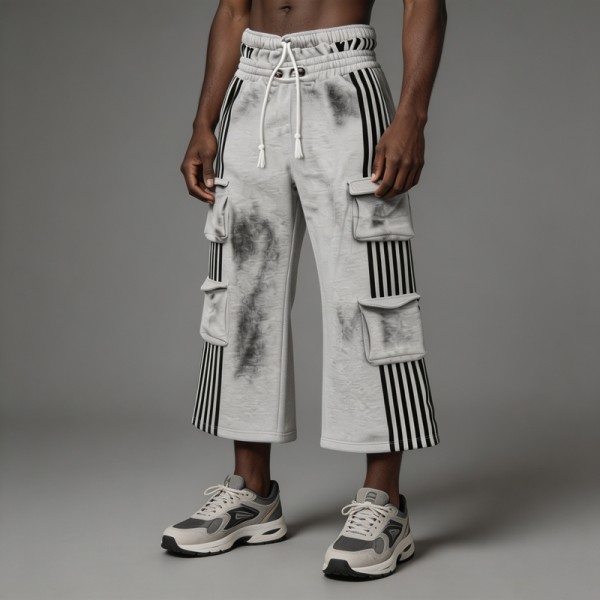 Spray Dye Flare Cargo Capri Pants | Side Stripe Multi Pockets Elastic Drawstring Waist | Clothing Manufacturer