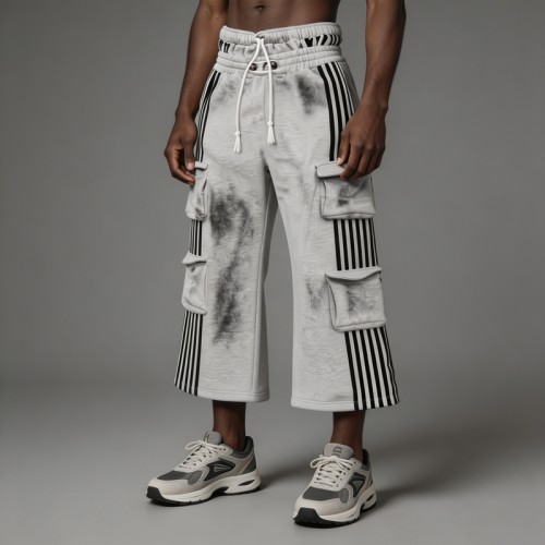 Spray Dye Flare Cargo Capri Pants | Side Stripe Multi Pockets Elastic Drawstring Waist | Clothing Manufacturer