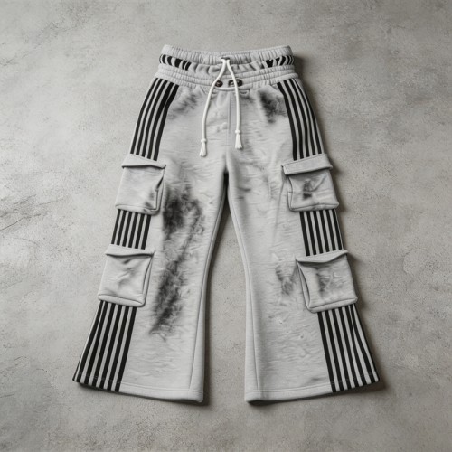 Spray Dye Flare Cargo Capri Pants | Side Stripe Multi Pockets Elastic Drawstring Waist | Clothing Manufacturer