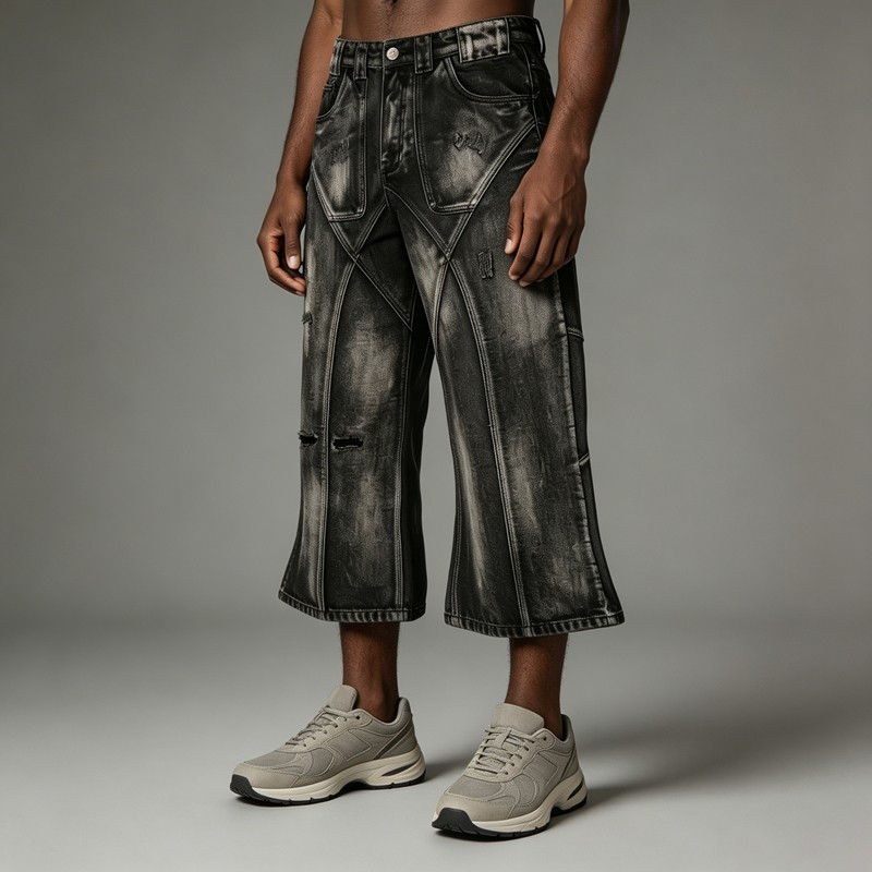 Distressed Ripped Spray Dye Flare Denim Capri Pants