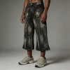 Distressed Ripped Spray Dye Flare Denim Capri Pants | Black Denim Button Fly with Multi Pockets | OEM Streetwear