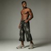 Distressed Ripped Spray Dye Flare Denim Capri Pants | Black Denim Button Fly with Multi Pockets | OEM Streetwear
