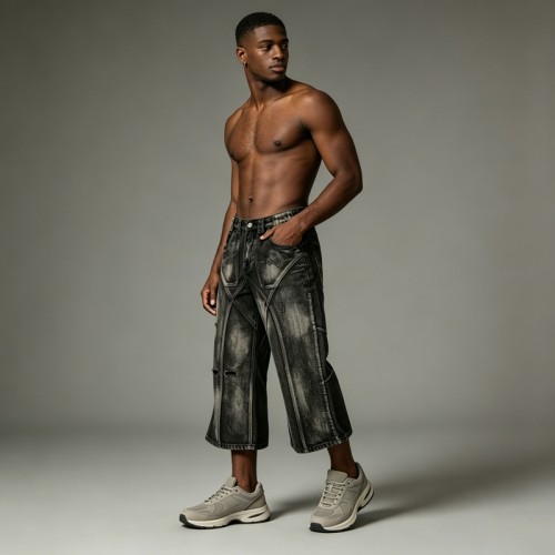 Distressed Ripped Spray Dye Flare Denim Capri Pants | Black Denim Button Fly with Multi Pockets | OEM Streetwear