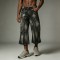 Distressed Ripped Spray Dye Flare Denim Capri Pants | Black Denim Button Fly with Multi Pockets | OEM Streetwear