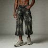Distressed Ripped Spray Dye Flare Denim Capri Pants | Black Denim Button Fly with Multi Pockets | OEM Streetwear