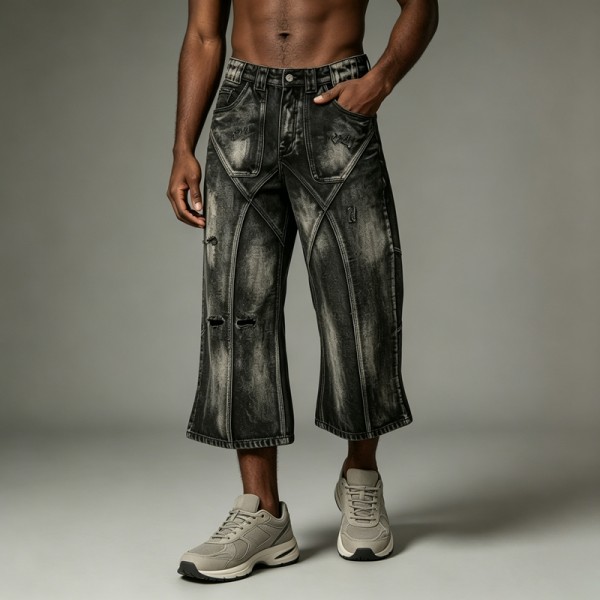 Distressed Ripped Spray Dye Flare Denim Capri Pants | Black Denim Button Fly with Multi Pockets | OEM Streetwear