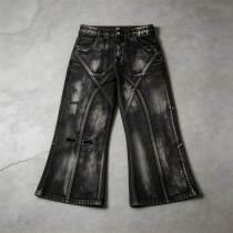 Distressed Ripped Spray Dye Flare Denim Capri Pants | Black Denim Button Fly with Multi Pockets | OEM Streetwear