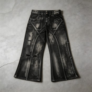 Distressed Ripped Spray Dye Flare Denim Capri Pants | Black Denim Button Fly with Multi Pockets | OEM Streetwear