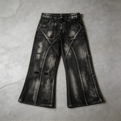 Distressed Ripped Spray Dye Flare Denim Capri Pants | Black Denim Button Fly with Multi Pockets | OEM Streetwear