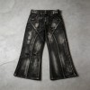 Distressed Ripped Spray Dye Flare Denim Capri Pants | Black Denim Button Fly with Multi Pockets | OEM Streetwear