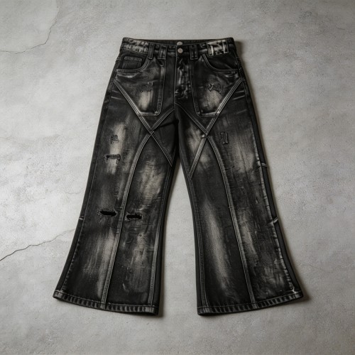 Distressed Ripped Spray Dye Flare Denim Capri Pants | Black Denim Button Fly with Multi Pockets | OEM Streetwear