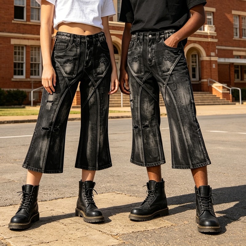 Distressed Ripped Spray Dye Flare Denim Capri Pants
