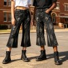 Distressed Ripped Spray Dye Flare Denim Capri Pants | Black Denim Button Fly with Multi Pockets | OEM Streetwear