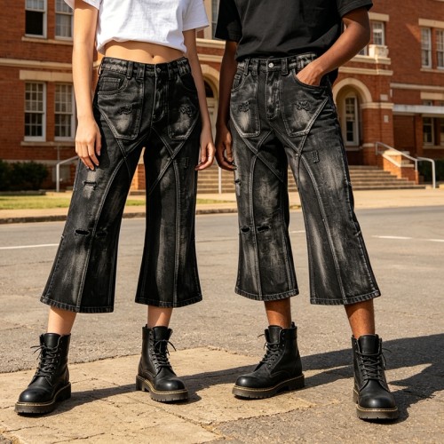 Distressed Ripped Spray Dye Flare Denim Capri Pants | Black Denim Button Fly with Multi Pockets | OEM Streetwear
