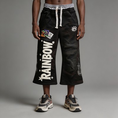 Star Letter DTG Print Embroidery Spray Dye Flare Capri Pants | Double Waistband Elastic Drawstring Waist | Streetwear Manufacturer