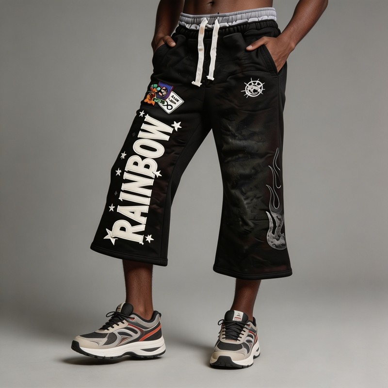 Star Letter DTG Print Embroidery Spray Dye Flare Capri Pants