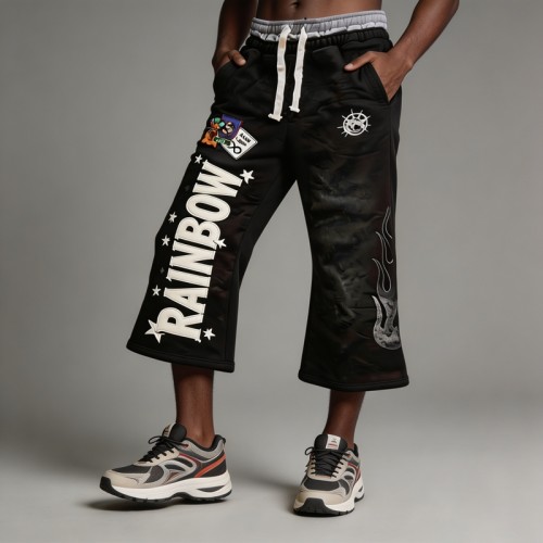 Star Letter DTG Print Embroidery Spray Dye Flare Capri Pants | Double Waistband Elastic Drawstring Waist | Streetwear Manufacturer