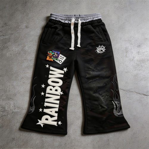 Star Letter DTG Print Embroidery Spray Dye Flare Capri Pants | Double Waistband Elastic Drawstring Waist | Streetwear Manufacturer