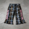 Plaid Leopard Patch Embroidery Flare Capri Pants | Raw Edge Denim Button Fly Side Stripe | Streetwear Manufacturer