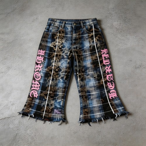 Plaid Leopard Patch Embroidery Flare Capri Pants | Raw Edge Denim Button Fly Side Stripe | Streetwear Manufacturer
