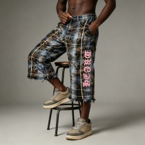 Plaid Leopard Patch Embroidery Flare Capri Pants | Raw Edge Denim Button Fly Side Stripe | Streetwear Manufacturer