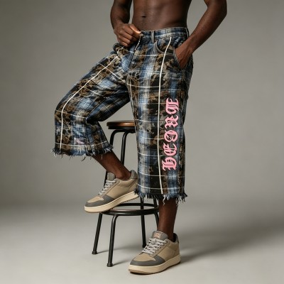 Plaid Leopard Patch Embroidery Flare Capri Pants | Raw Edge Denim Button Fly Side Stripe | Streetwear Manufacturer