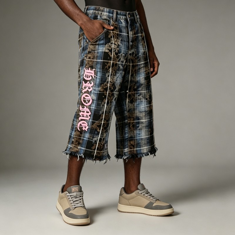 Plaid Leopard Patch Embroidery Flare Capri Pants