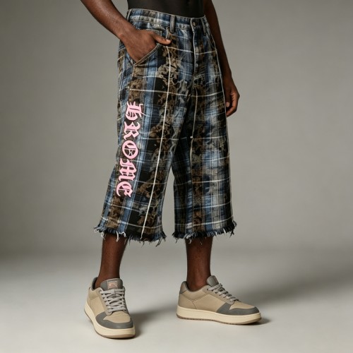 Plaid Leopard Patch Embroidery Flare Capri Pants | Raw Edge Denim Button Fly Side Stripe | Streetwear Manufacturer