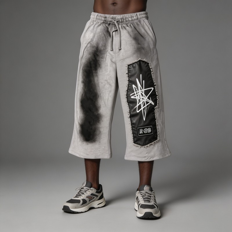 Leather Applique Embroidery Spray Dye Patchwork Flare Capri Pants