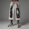 Leather Applique Embroidery Spray Dye Patchwork Flare Capri Pants | French Terry Drawstring Elastic Waist | Custom Streetwear