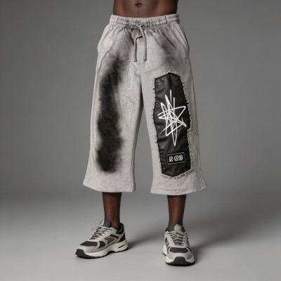 Leather Applique Embroidery Spray Dye Patchwork Flare Capri Pants | French Terry Drawstring Elastic Waist | Custom Streetwear