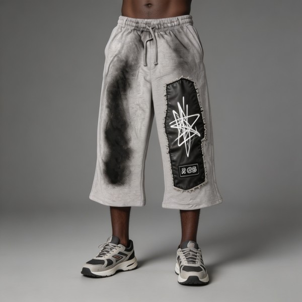 Leather Applique Embroidery Spray Dye Patchwork Flare Capri Pants | French Terry Drawstring Elastic Waist | Custom Streetwear