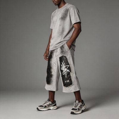 Leather Applique Embroidery Spray Dye Patchwork Flare Capri Pants | French Terry Drawstring Elastic Waist | Custom Streetwear