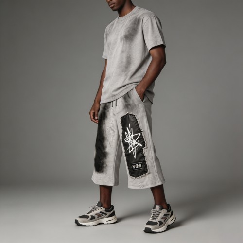 Leather Applique Embroidery Spray Dye Patchwork Flare Capri Pants | French Terry Drawstring Elastic Waist | Custom Streetwear